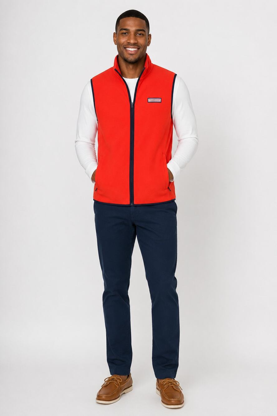 Vineyard Vines Harbor Fleece Zip Up Vest Orange Navy Mens Size Medium